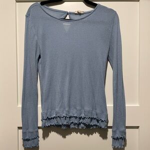 a.n.a Light Blue Ruffle Trim Long Sleeve Top